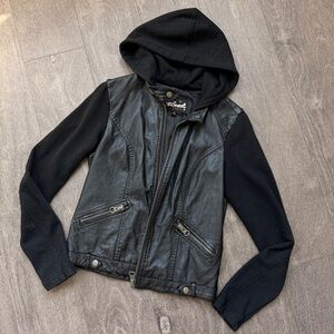 Black Vintage Lightweight Faux Leather Jacket with Hood